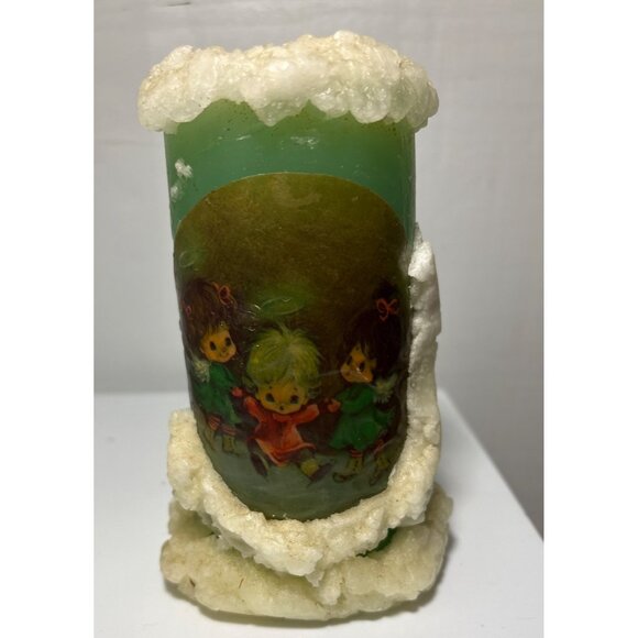 Christmas Pilar Candles Green Angels Pixie Puffy Snow Design Set of 2 Retro 6" - Picture 2 of 8